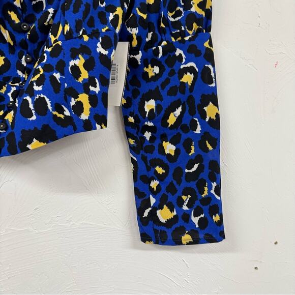 Rahi Blue Leopard Print Crop Puff Shoulder Boho Womens Blouse L Yellow Ruched - Picture 5 of 11